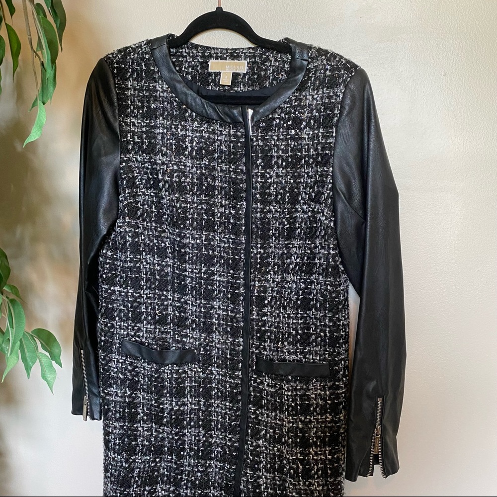 Michael Kors plaid tweed sequin zip up long jacket